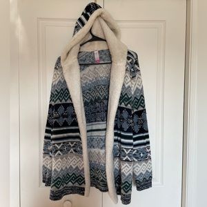 No Boundaries Fuzzy Blue Tribal Hoodie Cardigan Sweater